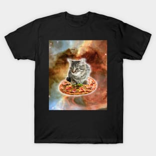 Galaxy Kitty Cat Riding Pizza In Space T-Shirt